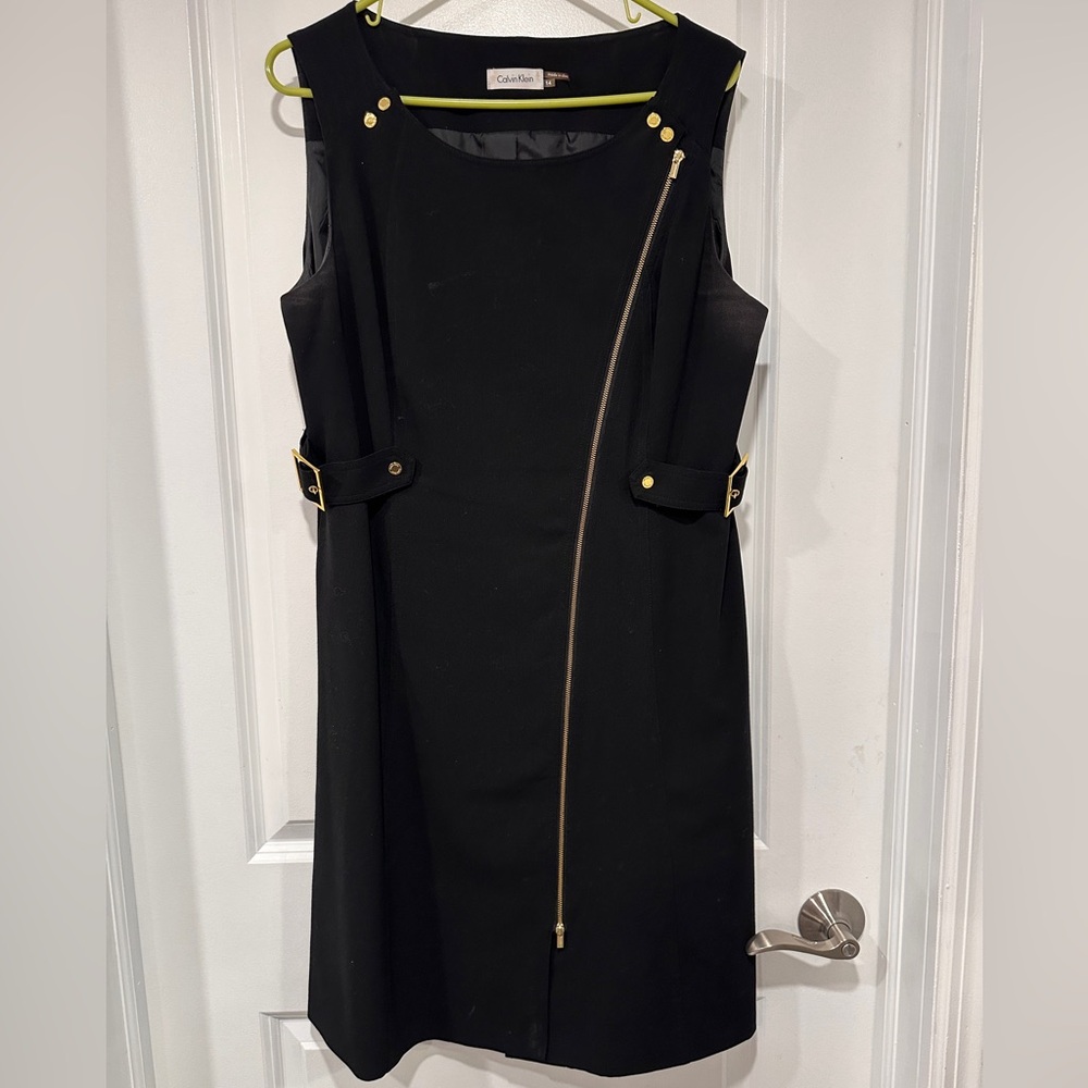 Calvin Klein Black and Gold Asymmetrical Sheath Mini Dress